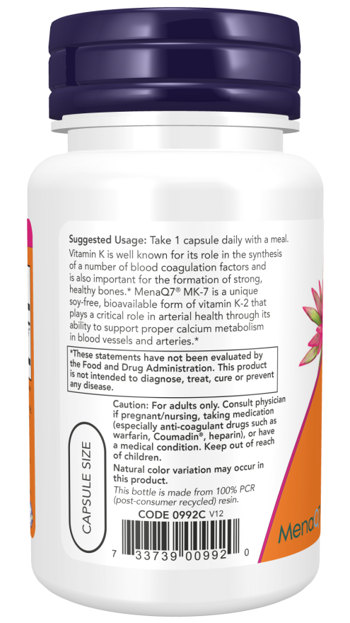 MK-7 Vitamin K-2 100 mcg - 60 Veg Capsules Bottle Left