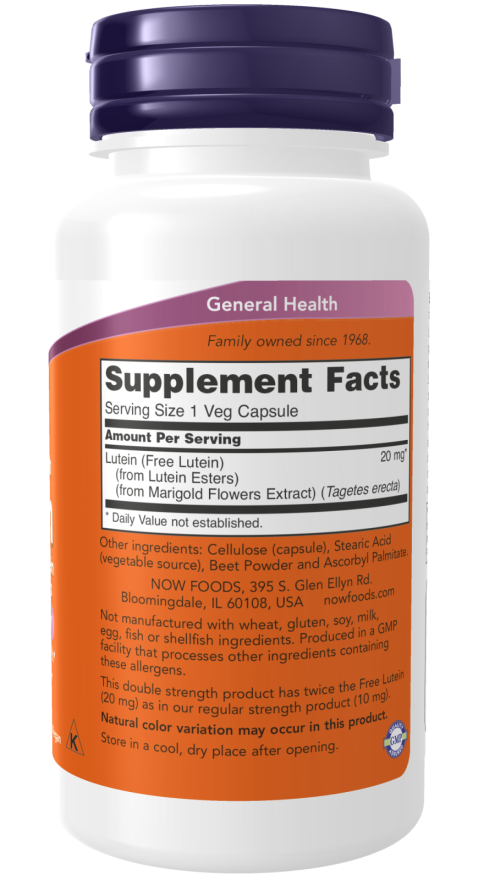 Lutein, Double Strength 20 mg - 90 Veg Capsules Bottle Right