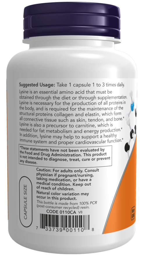 L-Lysine 500 mg - 100 Veg Capsules Bottle Left