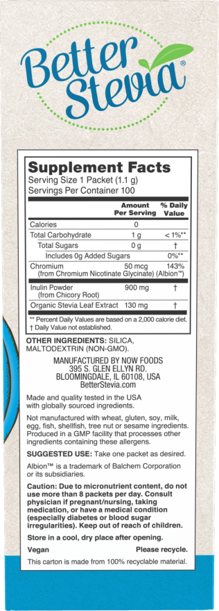 BetterStevia® Balance™ with Chromium & Inulin - 100 Packets Box Right