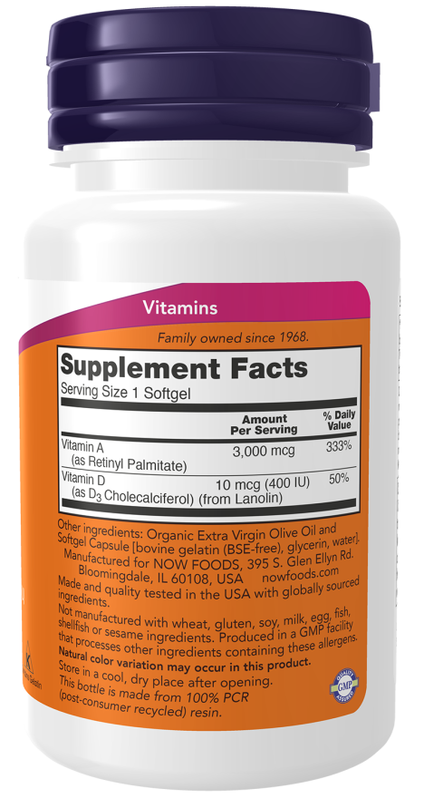 Vitamin A & D 10,000/400 IU - 100 Softgels Bottle Right
