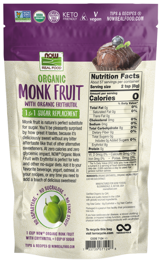 Monk Fruit with Erythritol, Organic Powder - 1 lb. Bag Back