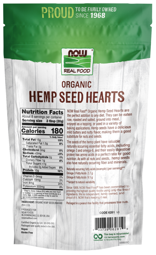 Hemp Seed Hearts, Organic - 8 oz. Back Bag