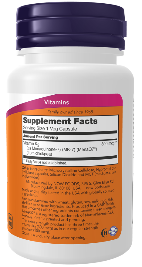 MK-7 Vitamin K-2, Extra Strength 300 mcg - 60 Veg Capsules Bottle Right