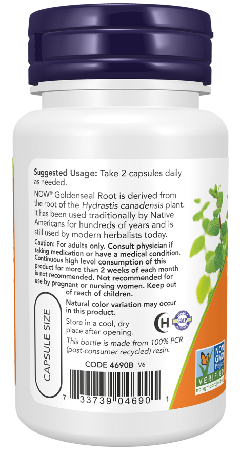 Goldenseal Root 500 mg - 50 Veg Capsules Bottle Left