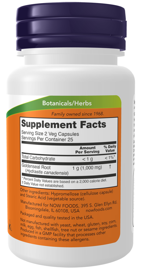 Goldenseal Root 500 mg - 50 Veg Capsules Bottle Right