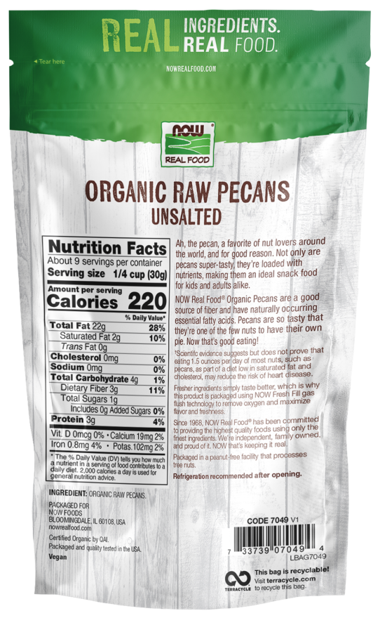 Pecans, Organic, Raw & Unsalted - 10 oz. Bag Back