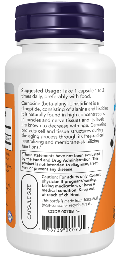 L-Carnosine 500 mg - 50 Veg Capsules Bottle Left