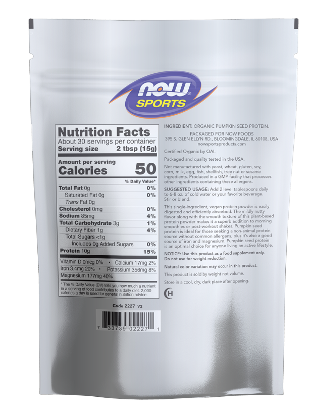 Pumpkin Seed Protein, Organic Powder - 1 lb. Bag Back