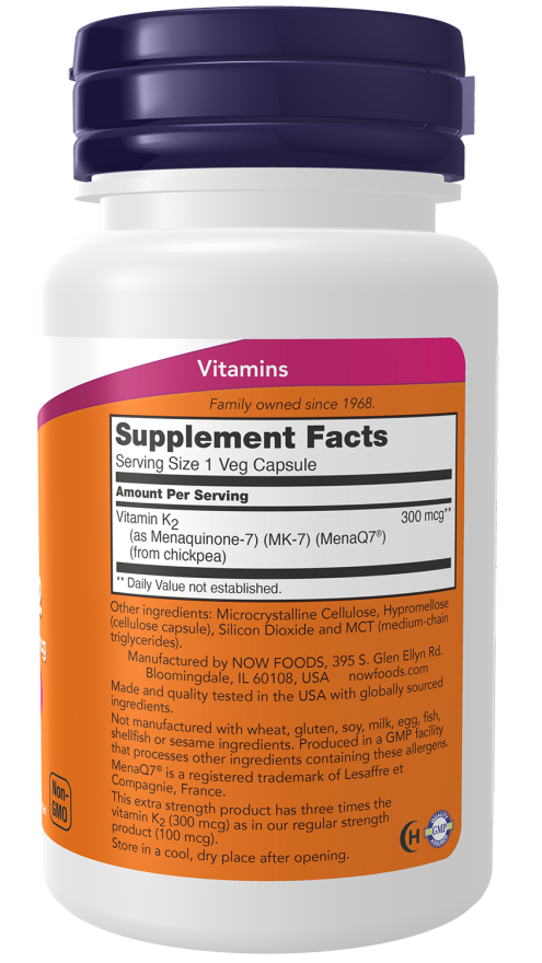 MK-7 Vitamin K-2, Extra Strength 300 mcg - 60 Veg Capsules Bottle Right