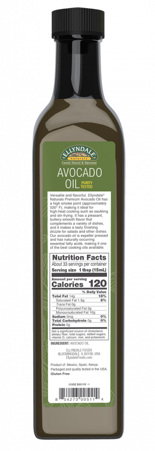 Avocado Cooking Oil in Glass Bottle - 16.9 fl. oz. Bottle Back