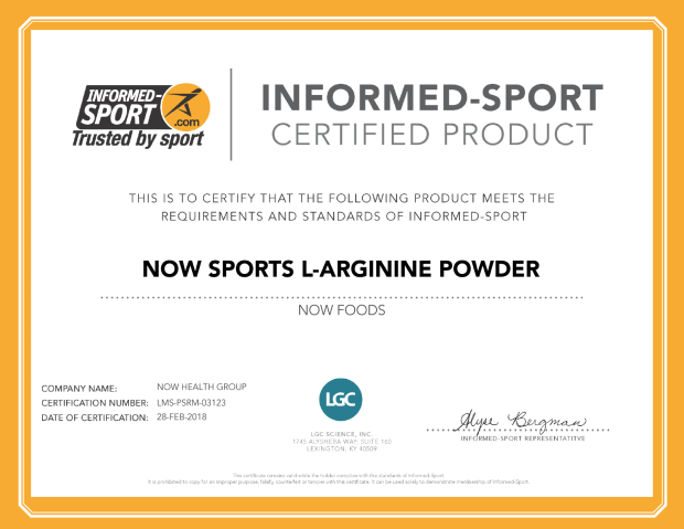 informed Sports Certificate for L-Arginine Powder