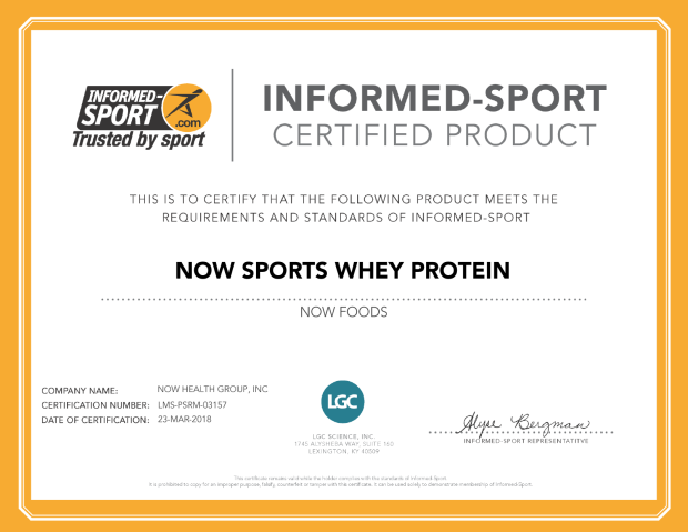 Informed-Sport Certified Product Certificate NOW Sports Whey Protein