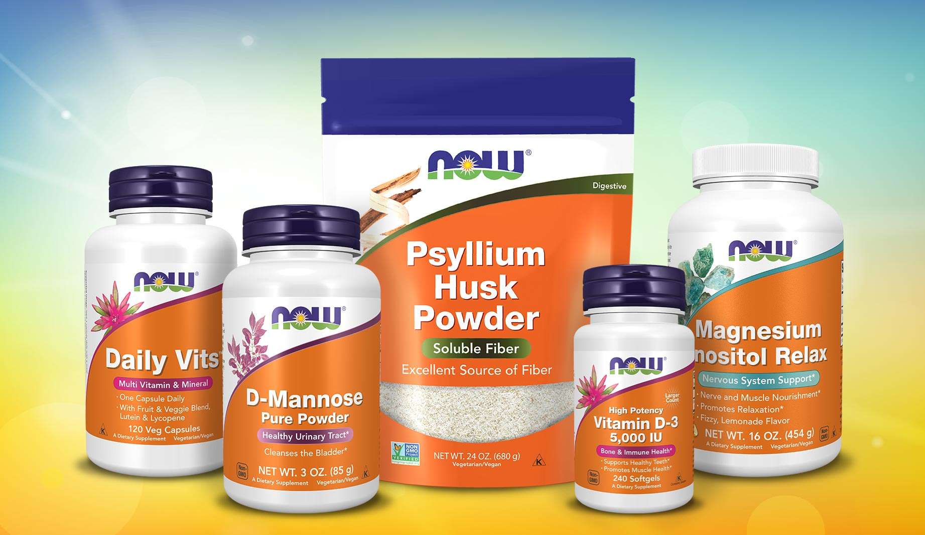 NOW Supplement Group with Daily Vits, D-Mannose, Psyllium Husk Powder, Vitamin D-3, Magnesium Inositol Relax