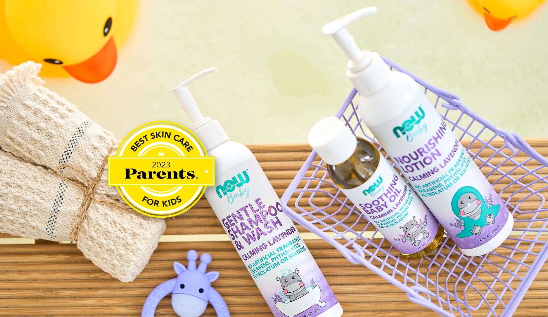 NOW baby Products Gentle Shampoo & Wash Calming Lavender with Parents® Best skin Care for Kids 2023 award. Soothing Baby Oil and Nourishing Lotion Calming Lavender 