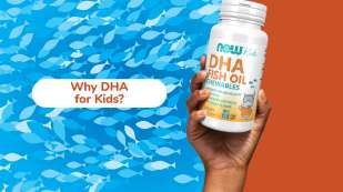 Why DHA for Kids? Hand holding NOW Kids DHA Fish Oil