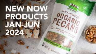 New NOW products january to June 2024 text next to an image of NOW Real Food Organic Pecans.