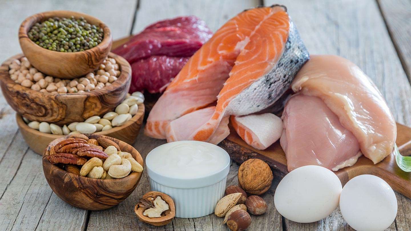 sources of protein including eggs, chicken, salmon, beef, nuts, seeds, and eggs 