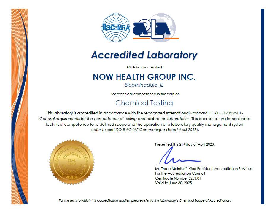 certificate with official seal and signature certifying NOW labs as accredited chemical testing from ISO