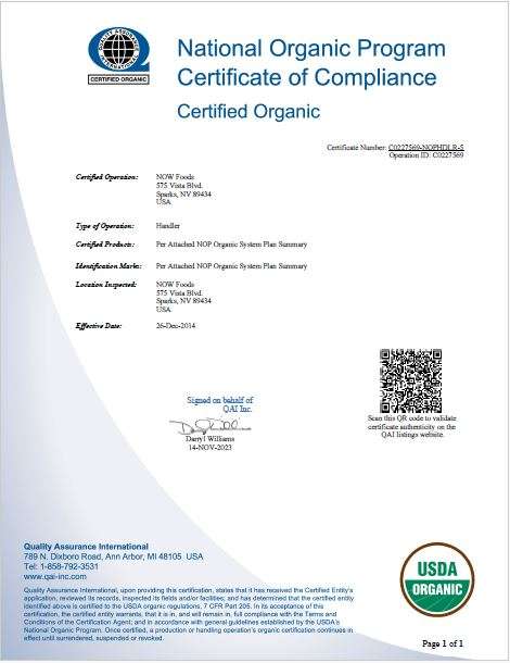 certificate from QAI stating NOW Sparks plant is organically certified