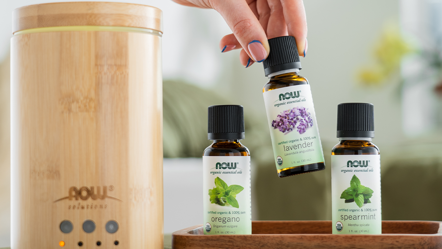 3 essential oils next to a diffuser. Human hand picking up middle bottle