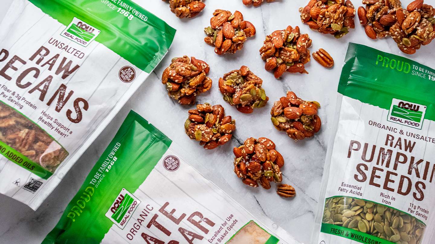 Pecan, pumpkin seed and cookies on a table