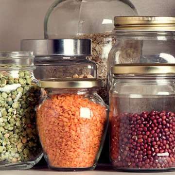 jars of beans, lentils, oats. 