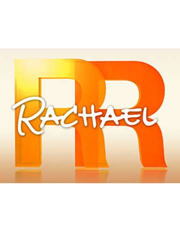 Rachel Ray logo - two large overlapping "R"s in yellow and orange with RACHAEL written across the middle in a white fun font on a gold fade background