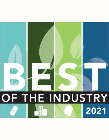 Nutritional Outlook award logo - Best of the Industry, square logo with four vertical panels in turquoise, dark green, light green and deep blue