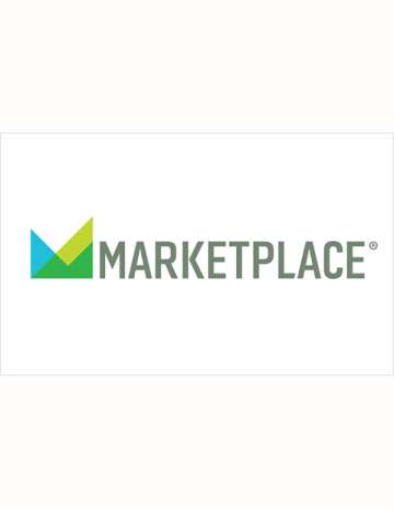 npr marketplace logo - geometric M in sky blue, lime green and forest green with the word MARKETPLACE after it in all caps san serif font