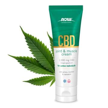 NOW Solutions CBD Joint and Muscle Cream with Hemp leaf behind 