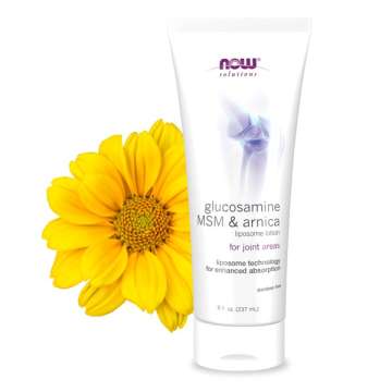 NOW Solutions Glucosamine MSM & Arnica Cream with Arnica flower behind
