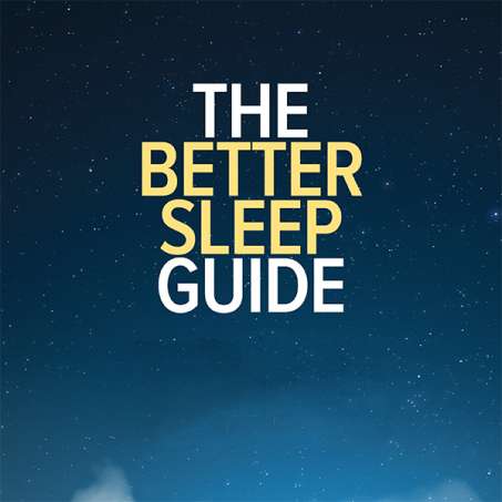 Midnight blue sky with the words The Better Sleep Guide in white and yellow in the upper center