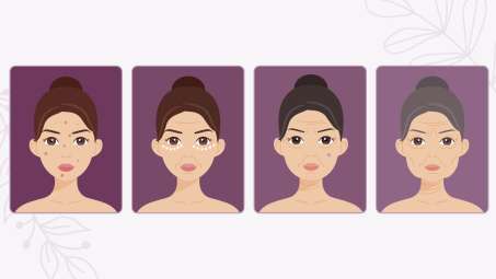 illustration of light skinned female presenting persons face at 4 different stages of life