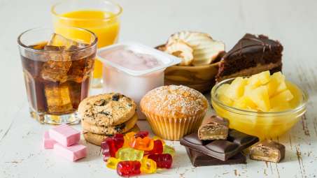 group of sugary products such as juices, candy, cookies, cakes, muffins, yogurt, and fruit. 