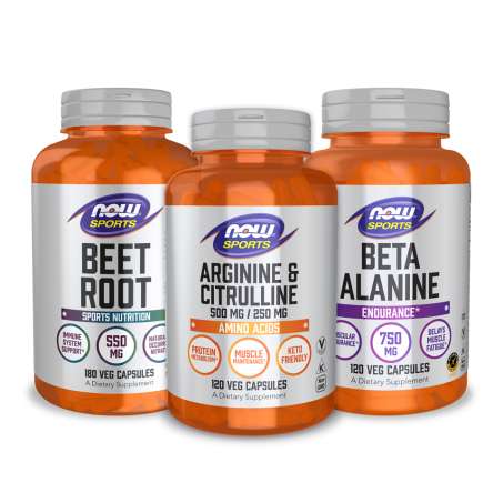 NOW Sports Beet Root Caps, Arginine Citrulline Caps, Beta Alanine Caps.