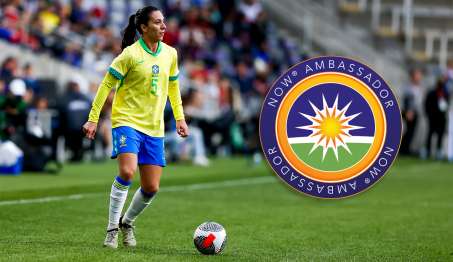 Julia-Bianchi on the soccer field playing soccer. NOW Ambassador Logo