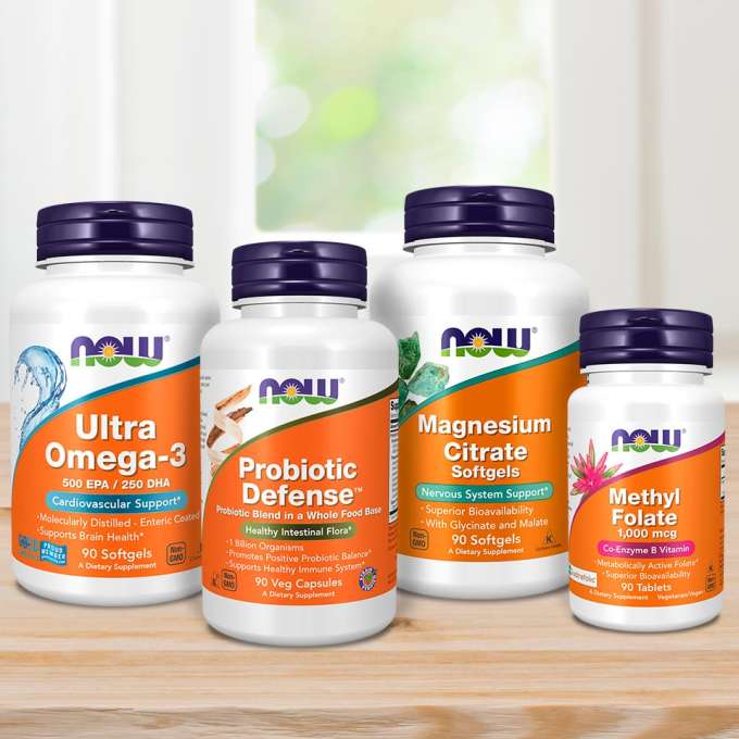 NOW Supplement Group including; Ultra Omega-3, Probiotic Defense, Magnesium Citrate, Methyl Folate