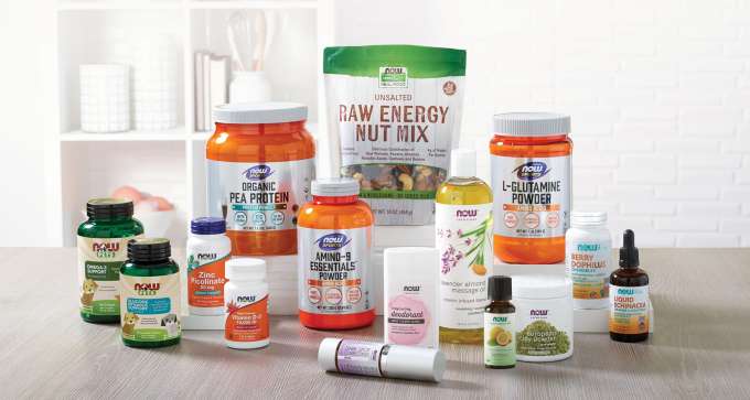 Group of NOW products including Pets, Supplements, Beauty & Health, Sports and Essential Oils