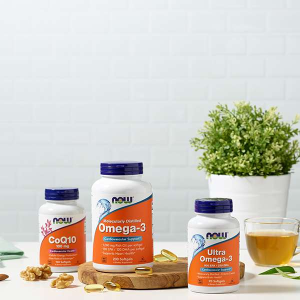 CoQ10, Omega-3, abd Ultra Omega-3 bottles