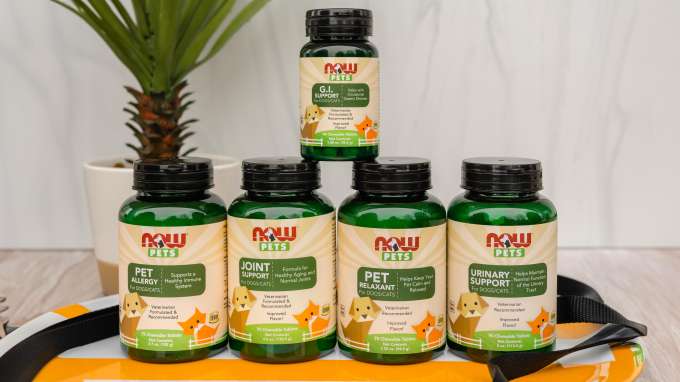 group of NOW Pet Products G.I. Support, Allergy, Joint Support, Pet Relaxant, and Urinary Support