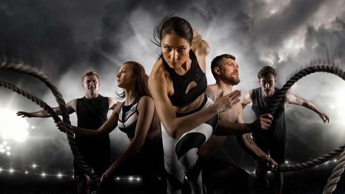 Sport collage. Men and woman running on smoke background.