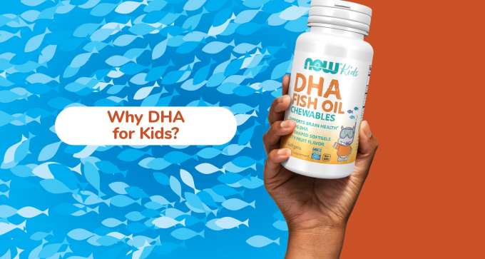 Why DHA for Kids? Hand holding NOW Kids DHA Fish Oil