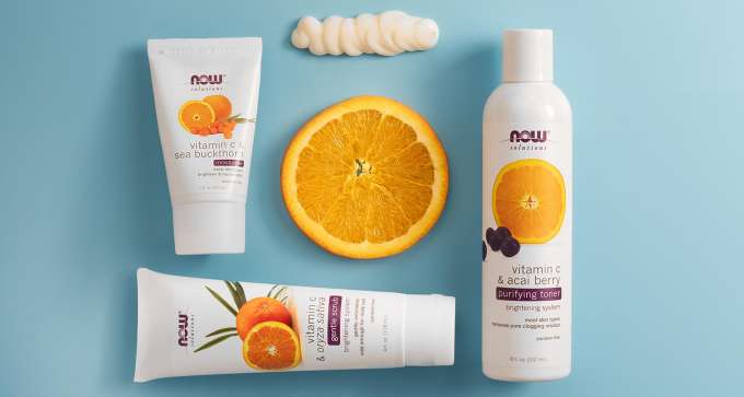 NOW Solutions Vitamin C & Sea Buckthorn Moisturizer, Vitamin C & acai berry purifying toner, Vitamin C & oryza sativa gentle scrub