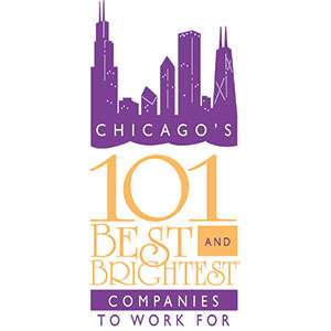 Best & Brightest Company to Work For logo - Chicago skyline in purple with 101 in large orange font underneath and Best & Brightest also in orange font under that