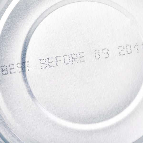 A closeup of a best-by date on the bottom of a tin can. The text reads: "Best Before 09 2016."