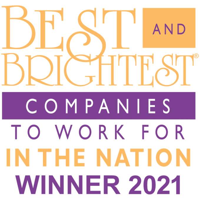 award logo with words National Best & Brightest Companies to Work For - orange and blue