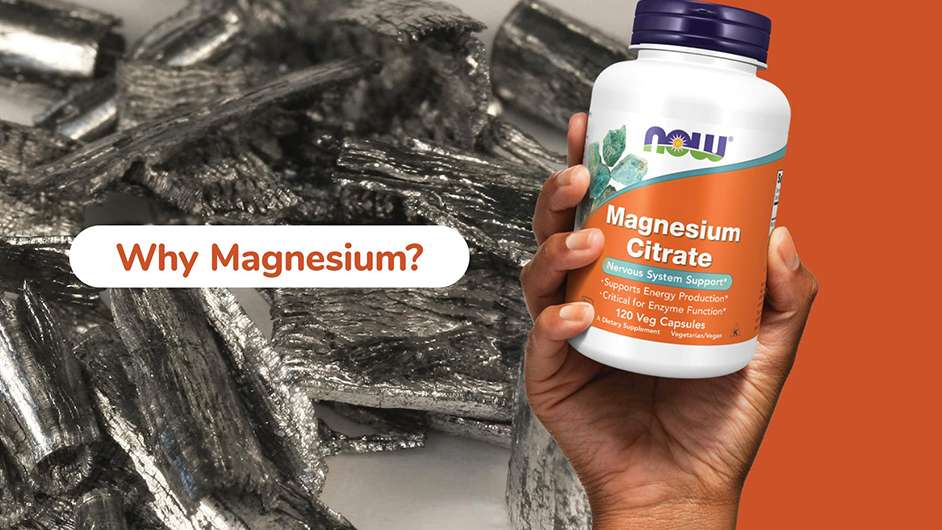 left image is of a close up of magensium with text asking "Why Take Magnesium" divided with a hand holding NOW Magnesium bottle with the right side all dark orange