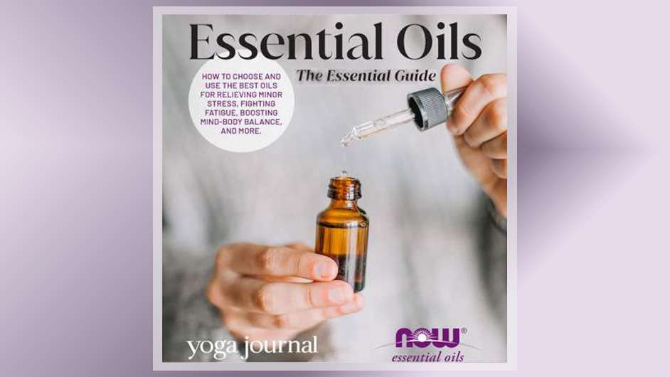 gray-purple gradient background with a square thumbnail showing "Essential Oils Guide" with a female presenting person holding a brown bottle of essential oils