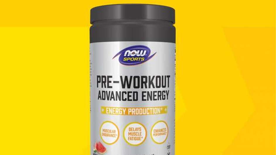 yellow background with jug of NOW Pre Workout Advanced Energy Powder 